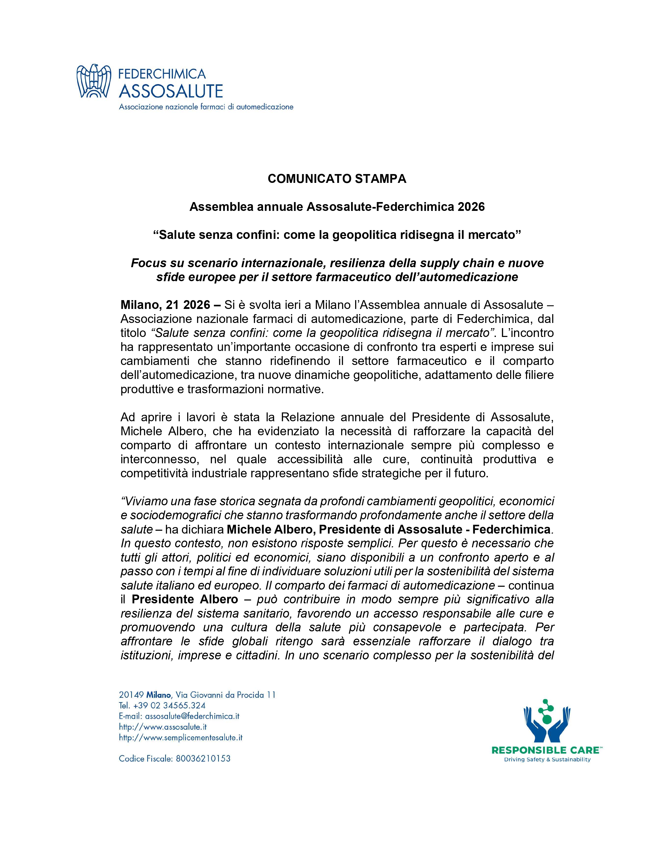 Assemblea annuale Assosalute-Federchimica 2026 “Salute senza confini: come la geopolitica ridisegna il mercato”