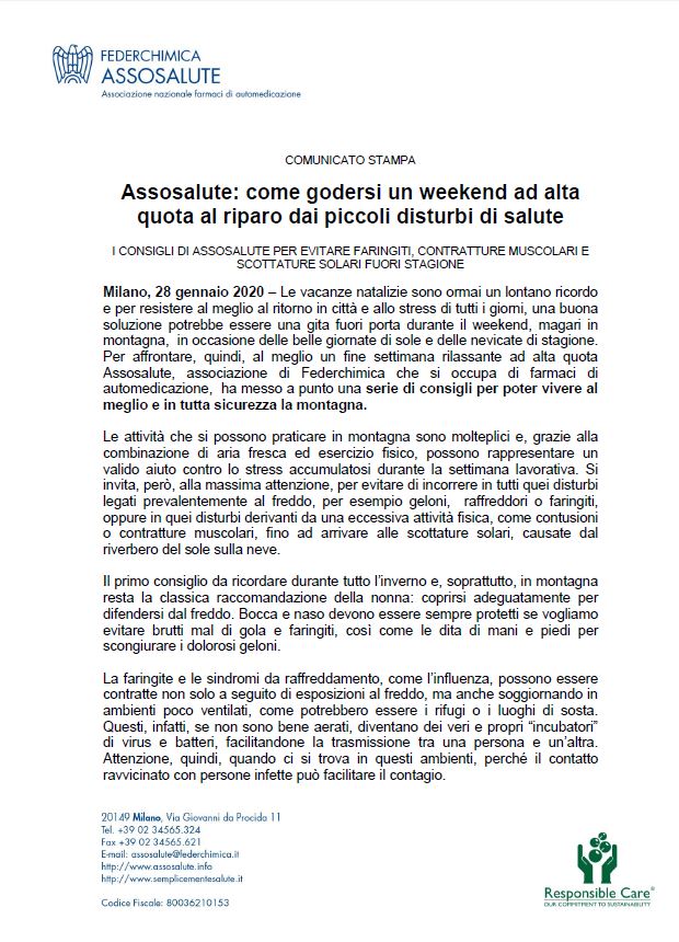 Comunicato stampa - 28 gennaio 2020