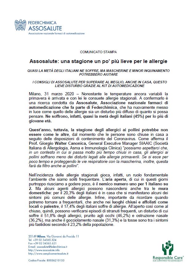 Comunicato stampa - 31 marzo 2020