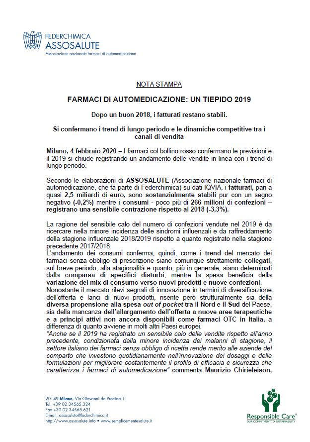 Comunicato stampa - 4 febbraio 2020