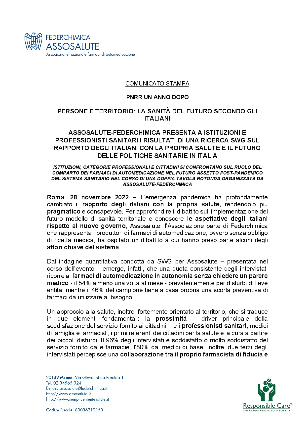 Comunicato stampa - 28 novembre 2022