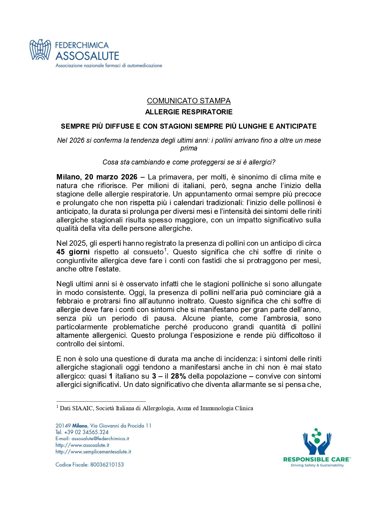 Comunicato stampa - 20 marzo 2026
