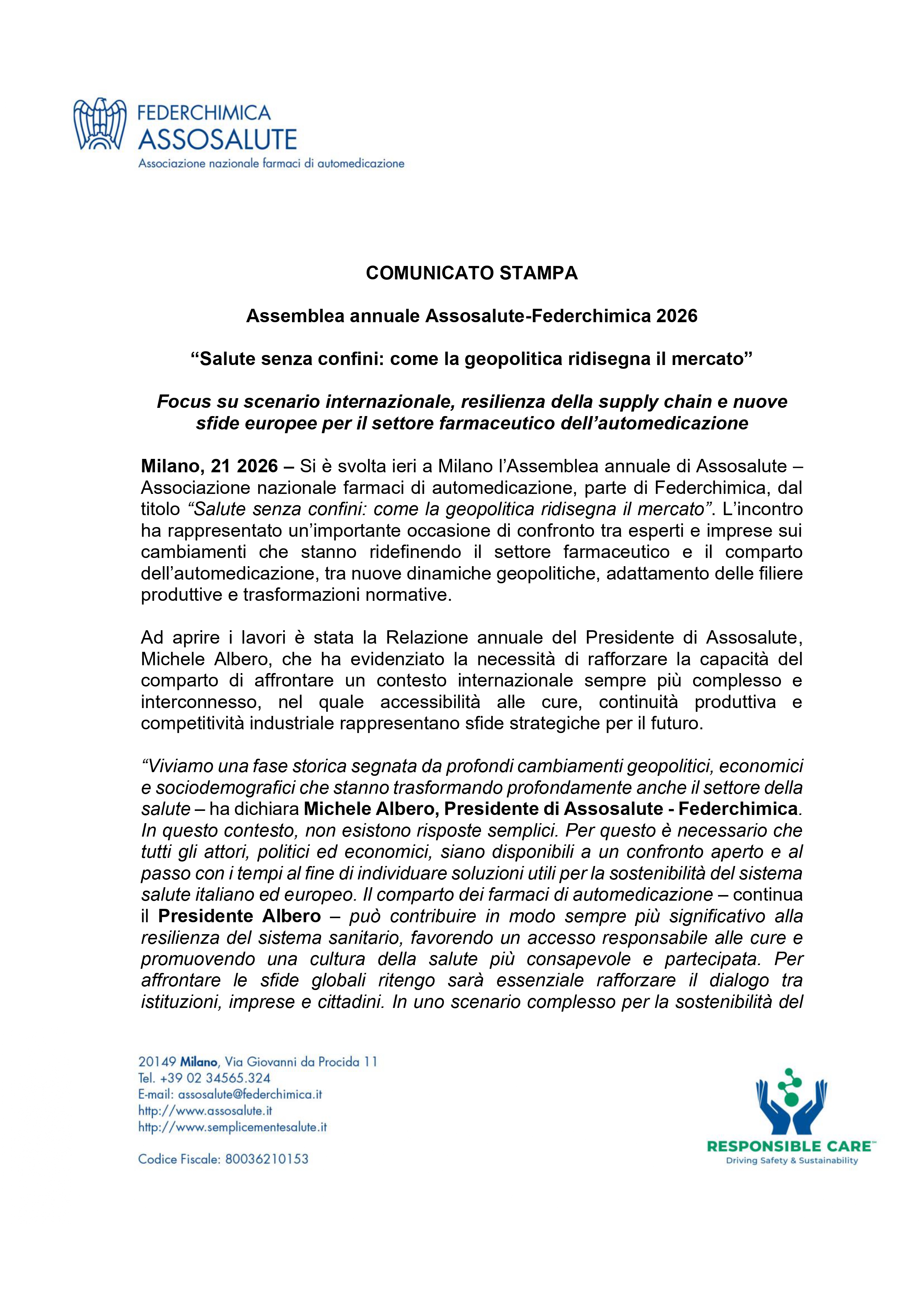 Comunicato stampa - 20 maggio 2026