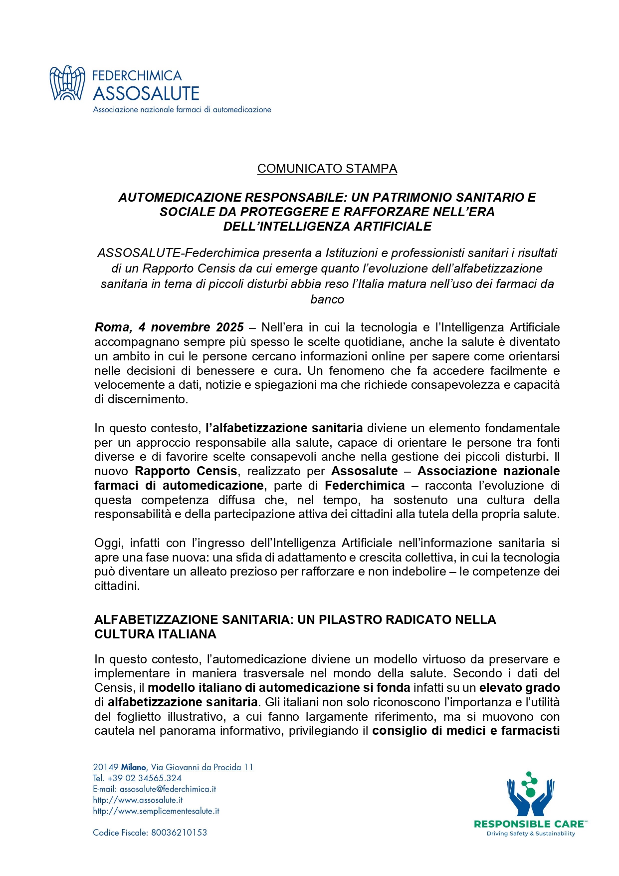 Automedicazione responsabile: un patrimonio sanitario e sociale da proteggere e rafforzare nell'era dell'intelligenza artificiale