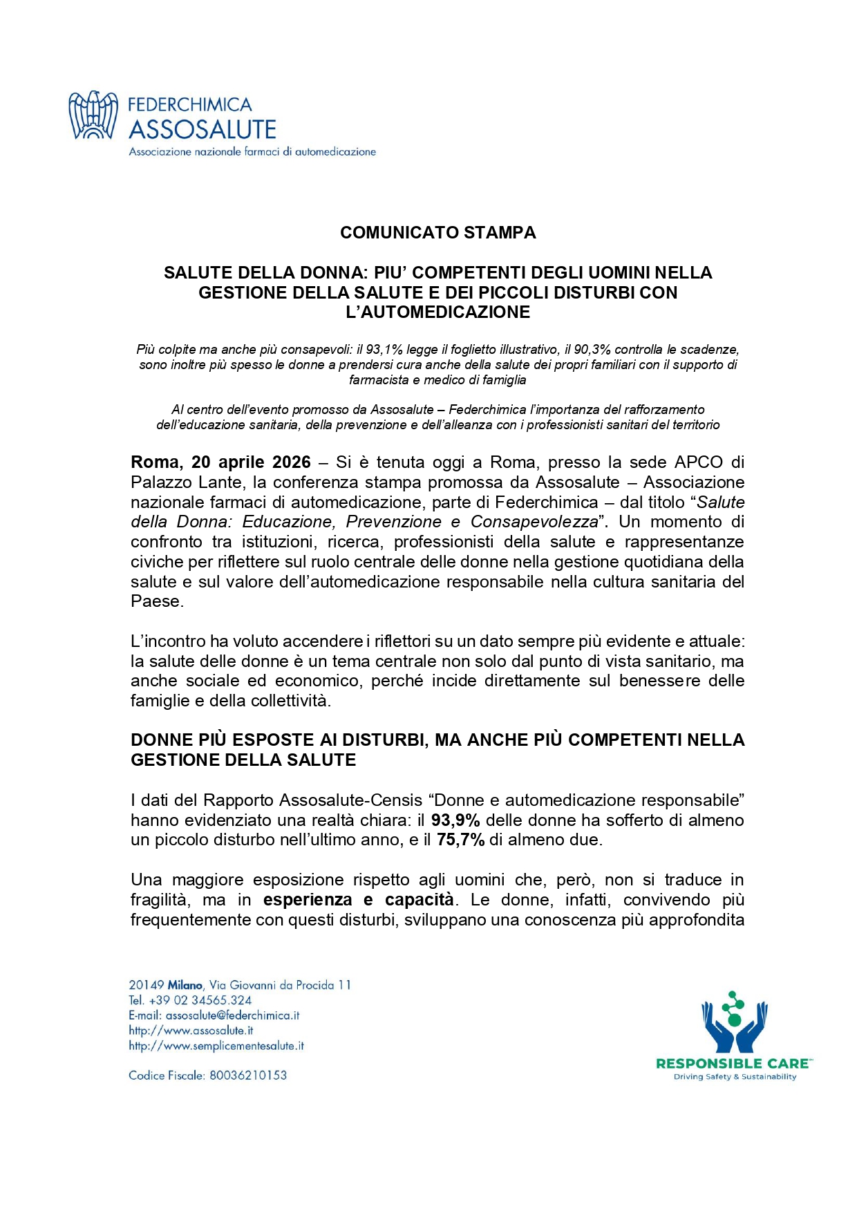 Comunicato stampa - 20 aprile 2026