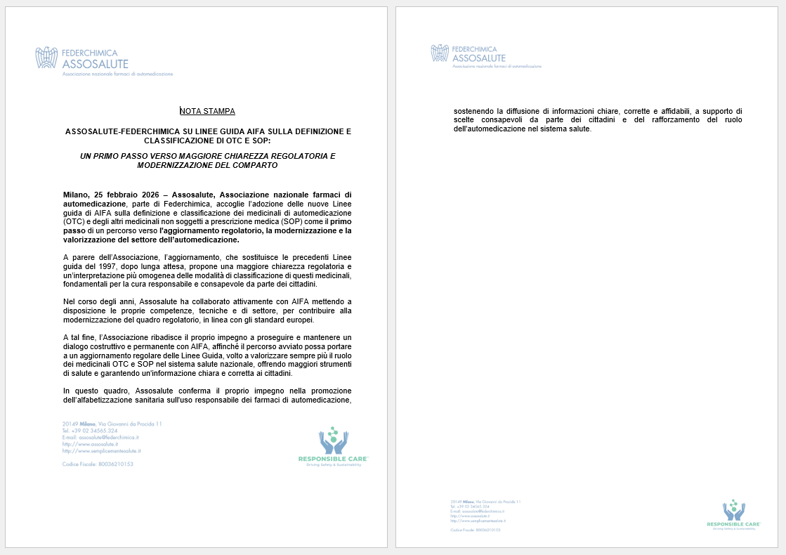 ASSOSALUTE-FEDERCHIMICA su linee guida AIFA sulla definizione e sulla classificazione si OTC e SOP: un primo passo verso maggiore chiarezza regolatoria e modernizzazione del comparto