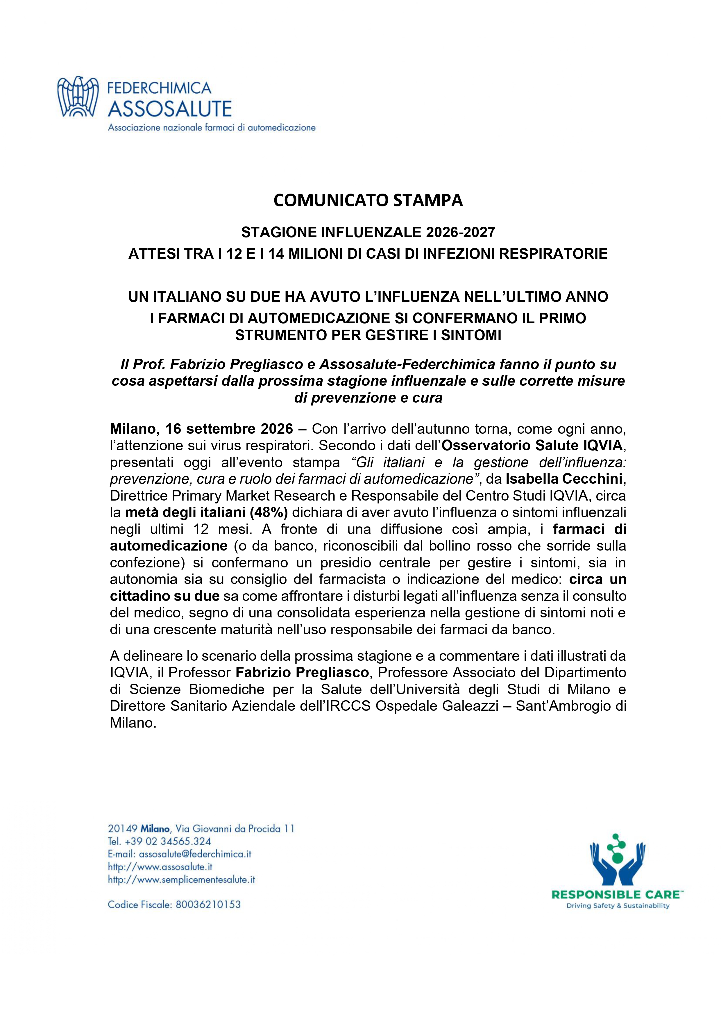 Evento Stampa - Gli italiani e la gestione dell’influenza: prevenzione, cura e ruolo dei farmaci di automedicazione - 16 settembre 2026