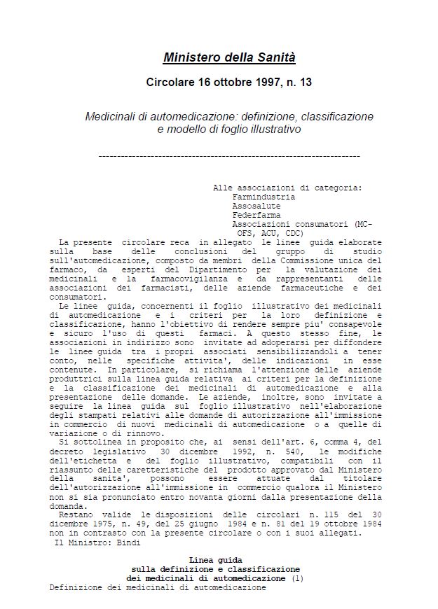 Circolare Ministero Sanità 16 ottobre 1997, n. 13
