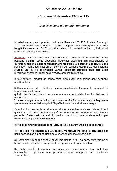 Circolare Ministero Sanità 30 dicembre 1975, n. 115