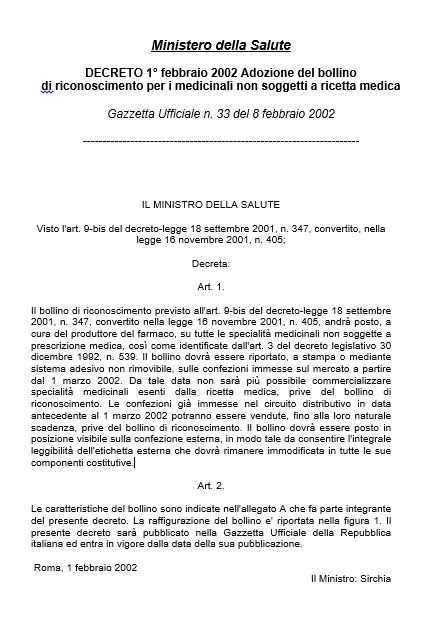 Decreto Ministero Salute 1° febbraio 2002