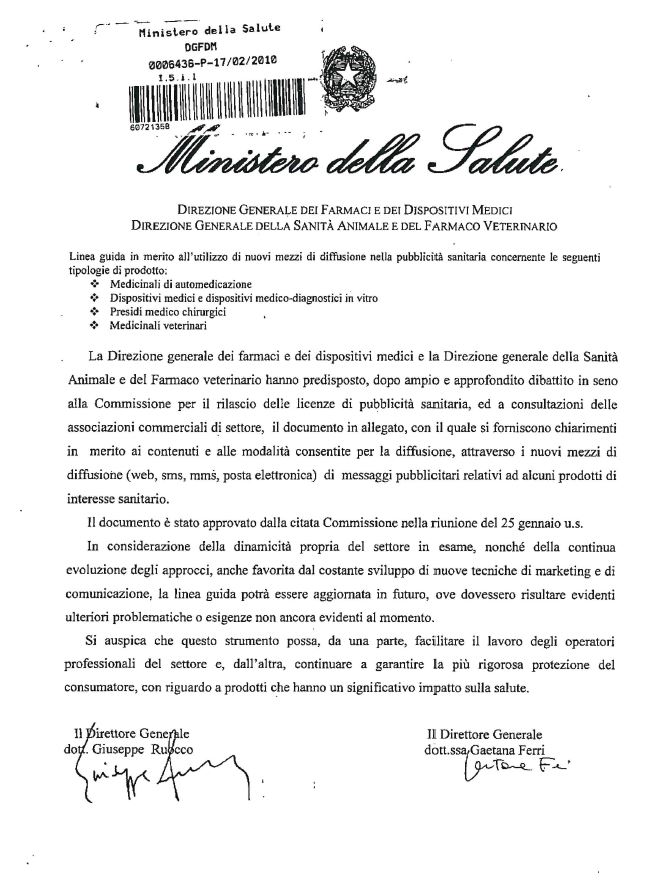 Linee Guida Ministero della Salute su pubblicità ai farmaci di automedicazione via web e social media