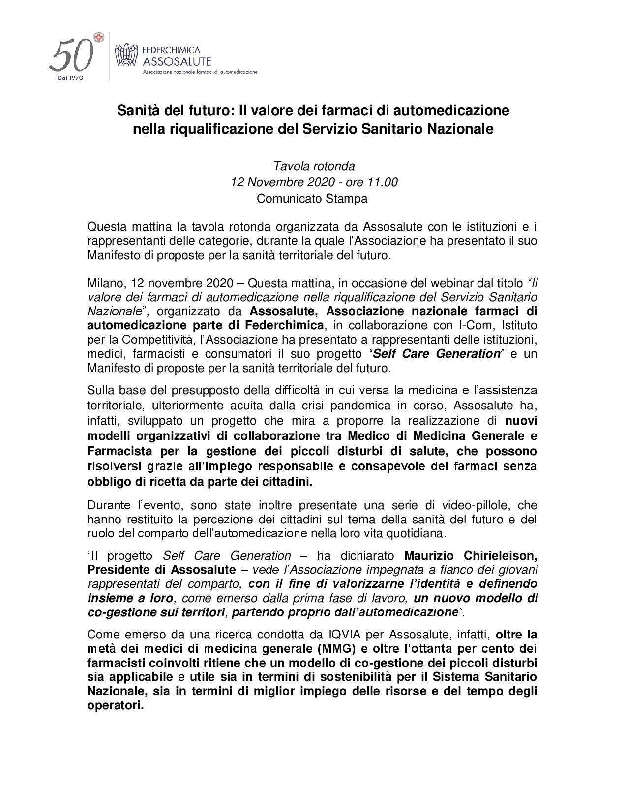 Comunicato stampa - 12 novembre 2020