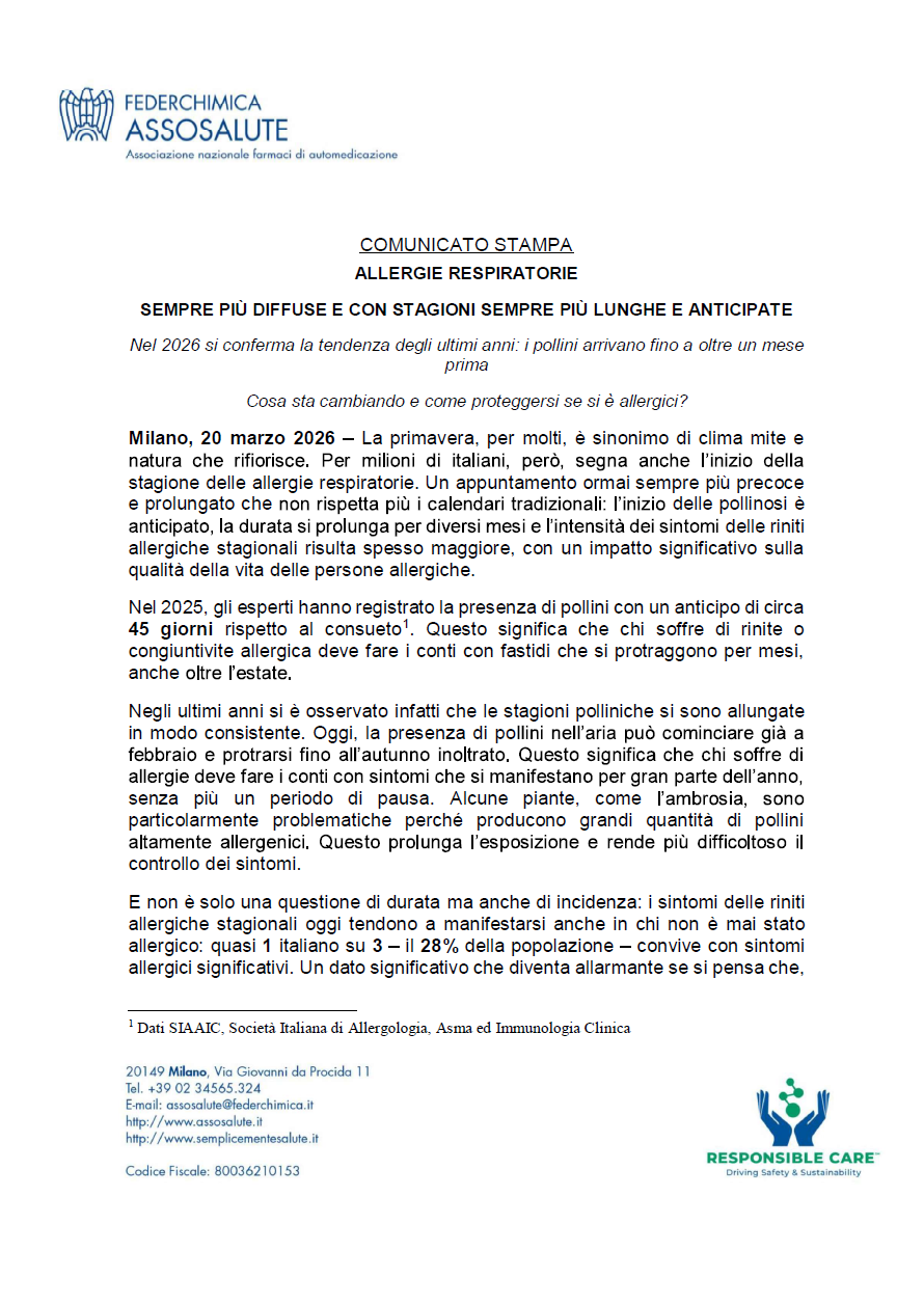 Comunicato stampa - 20 marzo 2026