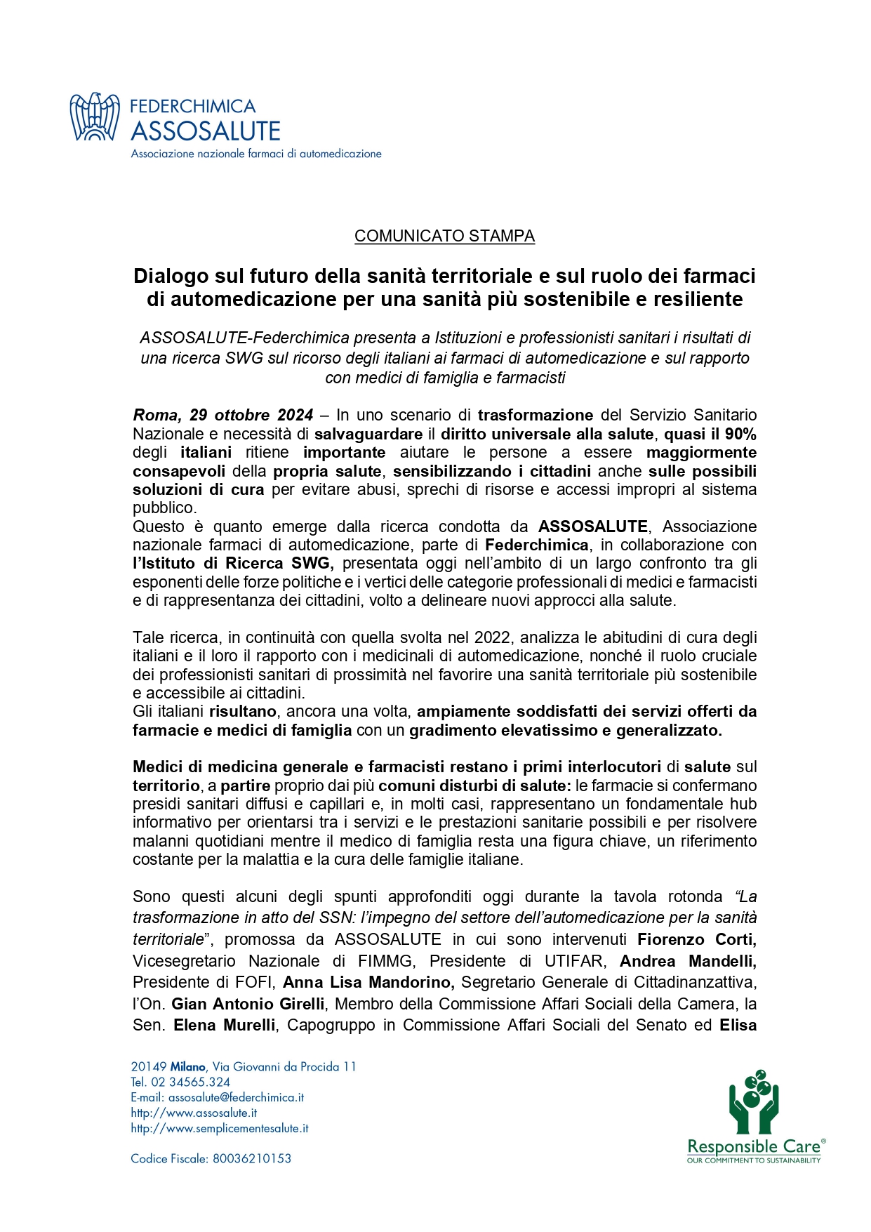 Comunicato stampa - 29 ottobre 2024